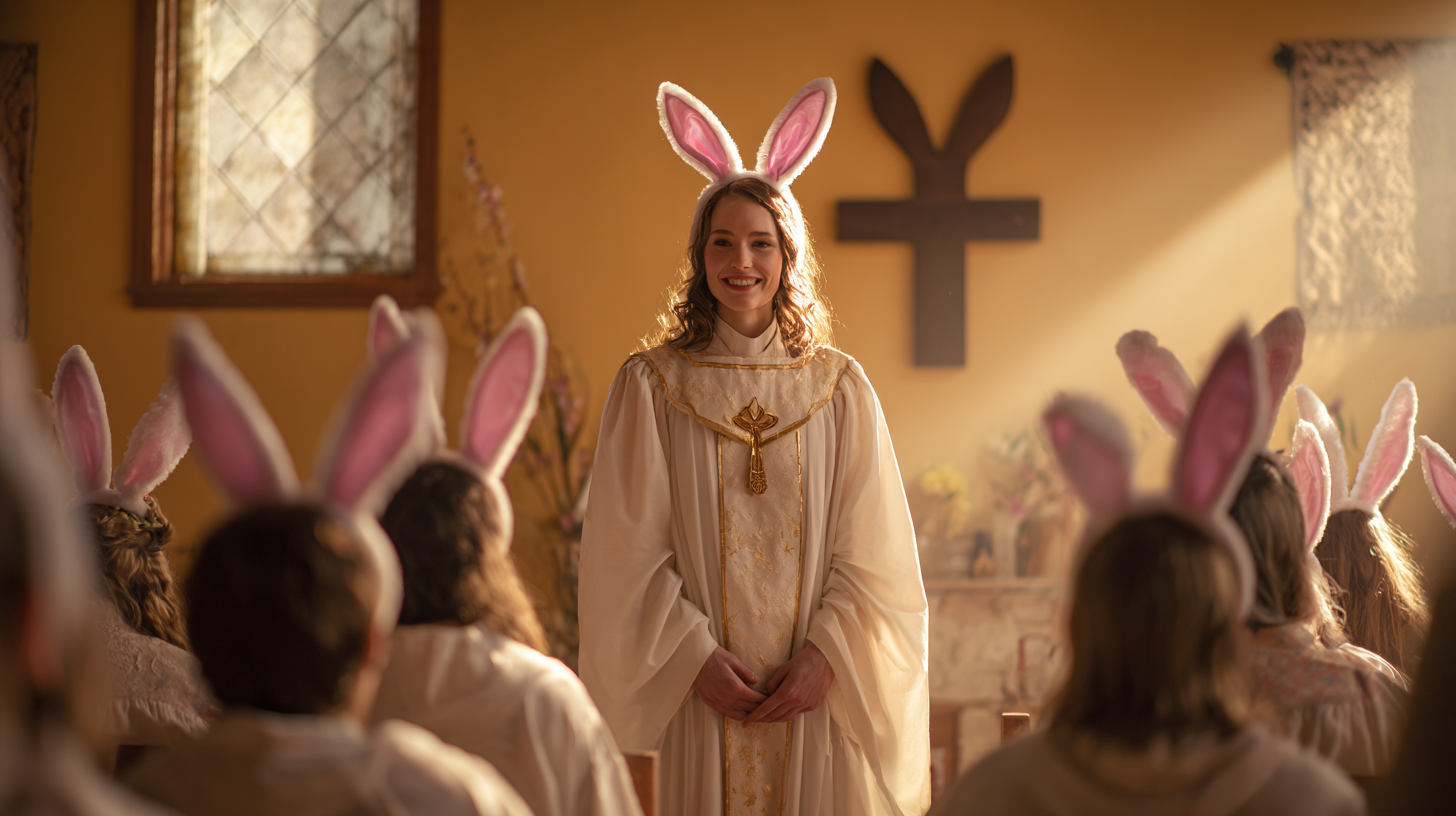 Fluffbearers in bunny ears giving a sermon